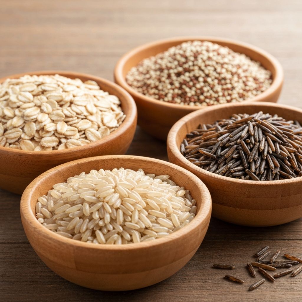 Różnorodne produkty zbożowe - owies, quinoa, ryż