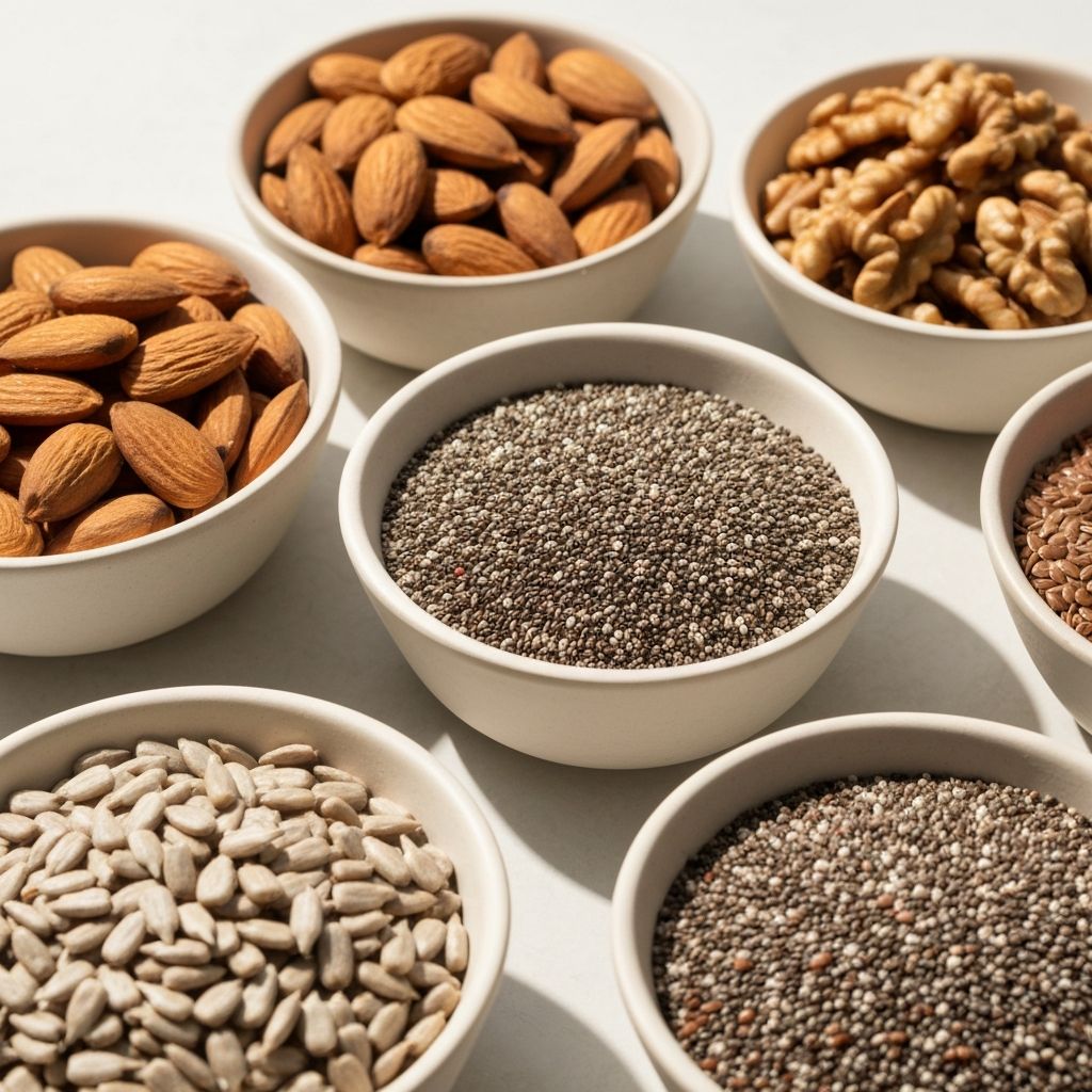 Różnorodne nasiona i orzechy w miseczkach